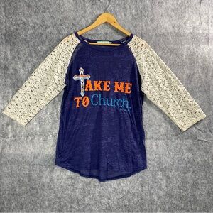 Southern Grace Womens Blue/Cream "Take Me To Church" 3/4 Lace Sleeve‎ Blouse XL